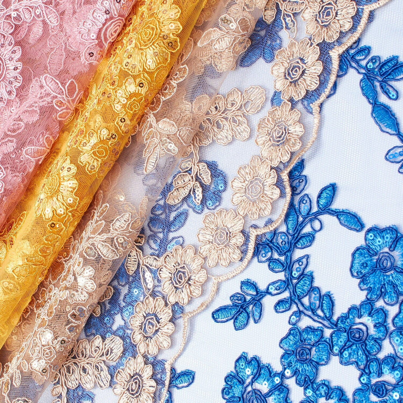 Sheer Floral Sequined Embroidery On Lace Fabric Group Image
