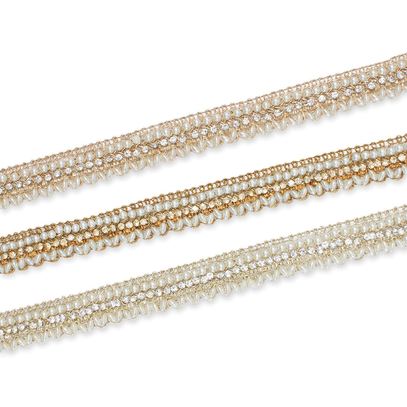 3/4 Inch Pearly Beaded Rhinestone Metallic Corded Fabric Trim Group Image