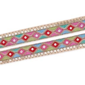 1 25 Inch Diamond Geometric Sequined Metallic Corded Embroidered Trim SV581449 Nude A1