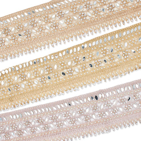 2 5 Inch Beaded Rhinestone Floral Mirrored Leafy Metallic Corded Mesh Lace Trim Group