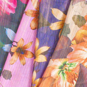 Zari Metallic Chiffon Jacquard Hibiscus Print Fabric Group