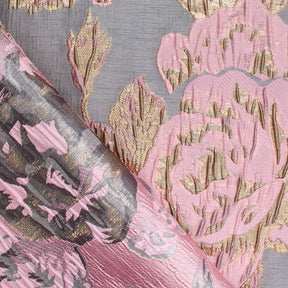 Rose Floral Plain Woven Crinkle Metallic Brocade Jacquard Fabric SV580727 Pink Silver A3