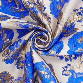 Rose Floral Plain Woven Crinkle Metallic Brocade Jacquard Fabric SV580730 Royal Blue Gold A2