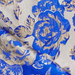 Rose Floral Plain Woven Crinkle Metallic Brocade Jacquard Fabric SV580730 Royal Blue Gold A3