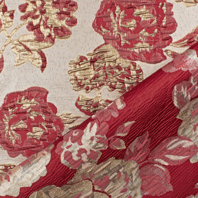 Rose Floral Plain Woven Crinkle Metallic Brocade Jacquard Fabric SV580726 Red Gold A3