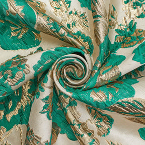 Rose Floral Plain Woven Crinkle Metallic Brocade Jacquard Fabric SV580729 Green Gold A2