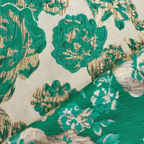 Rose Floral Plain Woven Crinkle Metallic Brocade Jacquard Fabric SV580729 Green Gold A3