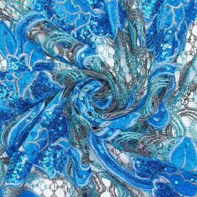 Floral Velvet Chemical Metallic Lace With Sequins Rhinestones Fabric SV581707 Blue 3