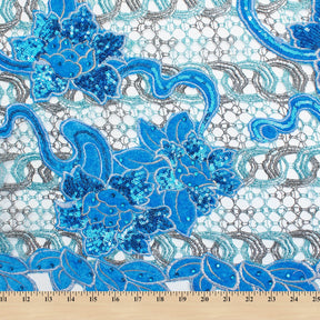 Floral Velvet Chemical Metallic Lace With Sequins Rhinestones Fabric SV581707 Blue 4
