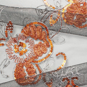 Orange Floral Sequins On Black Mesh Fabric SV580934 1