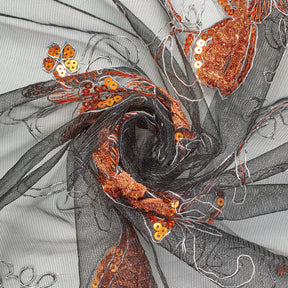 Orange Floral Sequins On Black Mesh Fabric SV580934 2