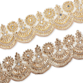 2.5 Inch Floral Metallic Cording With Rhinestones & Embroidery On Mesh Fabric Trim Group Image
