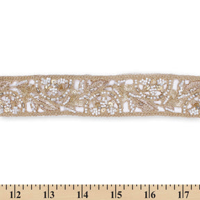 1 75 Inch Floral Beaded Sequined Metallic Corded Embroidery On Mesh Trim SV581429 Gold A9