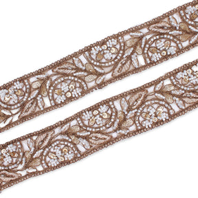 1 75 Inch Floral Beaded Sequined Metallic Corded Embroidery On Mesh Trim SV580423 Brown A1