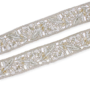 1 75 Inch Floral Beaded Sequined Metallic Corded Embroidery On Mesh Trim SV581430 Silver A1
