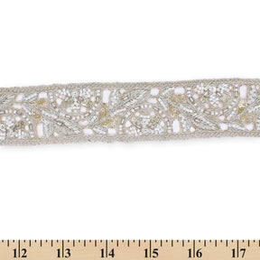1 75 Inch Floral Beaded Sequined Metallic Corded Embroidery On Mesh Trim SV581430 Silver A9