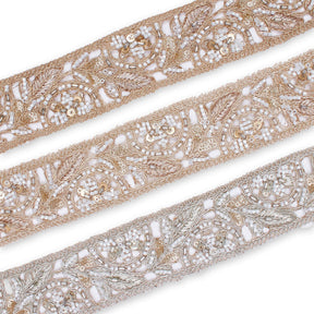1 75 Inch Floral Beaded Sequined Metallic Corded Embroidery On Mesh Trim Group