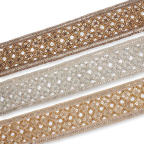 2 5 Inch Geometric Rhinestone Beaded Sequin Corded Eyelet Lace Trim Group