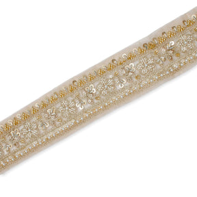 Floral Vine Beaded Sequin Metallic Woven Embroidery On 2 Inch Hemmed Mesh Lace Trim SV582478 Champagne Image A3