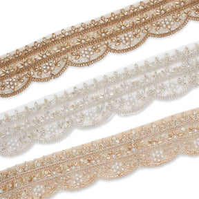 2 Inch Beaded Pearl Metallic Corded Embroidery On Scalloped Mesh Fabric Trim Group Image