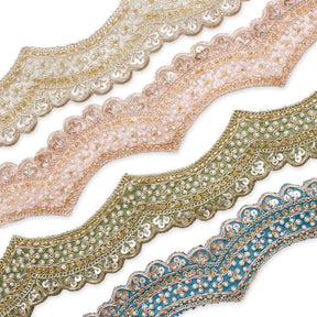 2.5 Inch Beaded Sequin Metallic Cording On Scalloped Mesh Lace Fabric Trim Group Image