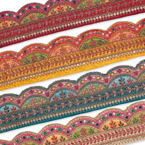 2 25 Inch Multicolor Metallic Leaf Sequin Corded Woven Embroidered Trim Group