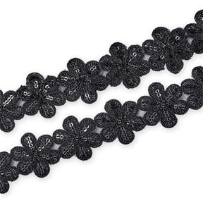Daisy Flower Corded Sequin Embroidery On 1 & 1/2 Inch Scalloped Mesh Lace Trim SV582506-HP Black Image A4