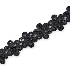 Daisy Flower Corded Sequin Embroidery On 1 & 1/2 Inch Scalloped Mesh Lace Trim SV582506-HP Black Image A3