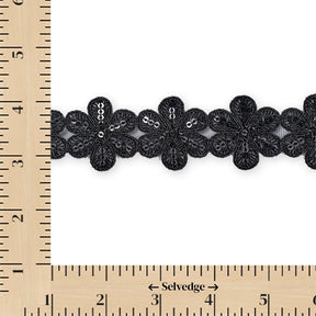 Daisy Flower Corded Sequin Embroidery On 1 & 1/2 Inch Scalloped Mesh Lace Trim SV582506-HP Black Image A9
