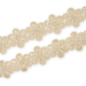 Daisy Flower Corded Sequin Embroidery On 1 & 1/2 Inch Scalloped Mesh Lace Trim SV582503-HP Champagne Image A4
