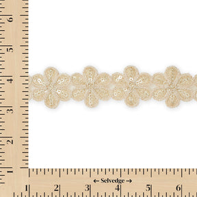 Daisy Flower Corded Sequin Embroidery On 1 & 1/2 Inch Scalloped Mesh Lace Trim SV582503-HP Champagne Image A9
