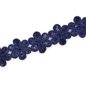 Daisy Flower Corded Sequin Embroidery On 1 & 1/2 Inch Scalloped Mesh Lace Trim SV582504-HP Navy Blue Image A3