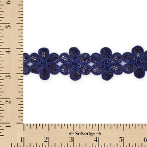 Daisy Flower Corded Sequin Embroidery On 1 & 1/2 Inch Scalloped Mesh Lace Trim SV582504-HP Navy Blue Image A9