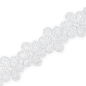 Daisy Flower Corded Sequin Embroidery On 1 & 1/2 Inch Scalloped Mesh Lace Trim SV582502-HP White Image A3