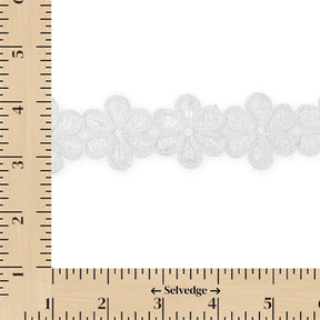 Daisy Flower Corded Sequin Embroidery On 1 & 1/2 Inch Scalloped Mesh Lace Trim SV582502-HP White Image A9
