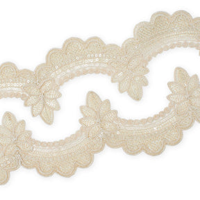 Swirly Flower Corded Sequin Embroidery On 3 & 1/2 Inch Scalloped Mesh Lace Trim SV582864 Champagne Image A4
