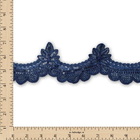 Swirly Flower Corded Sequin Embroidery On 3 & 1/2 Inch Scalloped Mesh Lace Trim SV582866 Navy Blue Image A9