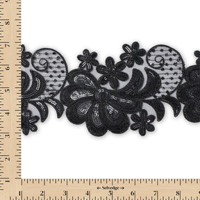 Wild Flower Corded Sequin Embroidery On 4 Inch Scalloped Mesh Lace Trim Fabric SV582520 Black Image A9