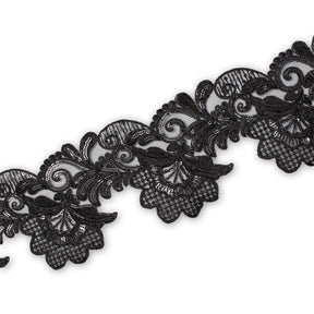 Leafy Floral Corded Sequin Embroidery On 4 Inch Scalloped Mesh Lace Trim SV582561 Black Image A3