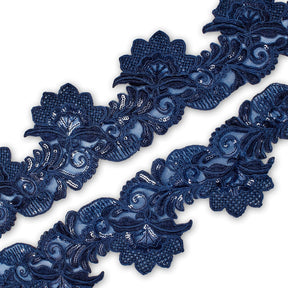 Leafy Floral Corded Sequin Embroidery On 4 Inch Scalloped Mesh Lace Trim SV582524 Navy Blue Image A4
