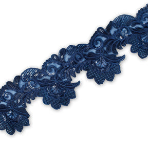 Leafy Floral Corded Sequin Embroidery On 4 Inch Scalloped Mesh Lace Trim SV582524 Navy Blue Image A3