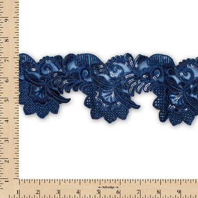 Leafy Floral Corded Sequin Embroidery On 4 Inch Scalloped Mesh Lace Trim SV582524 Navy Blue Image A9