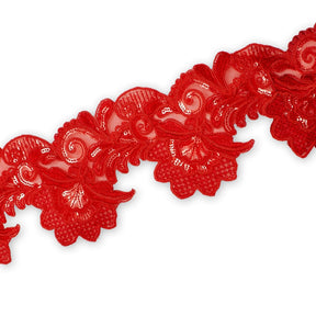 Leafy Floral Corded Sequin Embroidery On 4 Inch Scalloped Mesh Lace Trim SV582526 Red Image A3