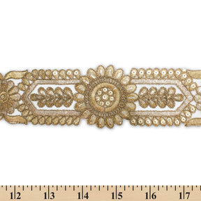 2 5 Inch Sunflower Floral Sequined Metallic Cording With Embroidery On Mesh Trim SV581509 Sage A9