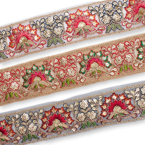 1 75 Inch Floral Bloom Sequin Metallic Corded Embroidery Net Mesh Trim Group