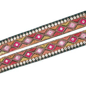 1 25 Inch Diamond Geometric Sequined Metallic Corded Embroidered Trim SV581504 Hunter Green A1