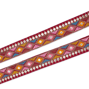 1 25 Inch Diamond Geometric Sequined Metallic Corded Embroidered Trim SV581506 Burgundy A1