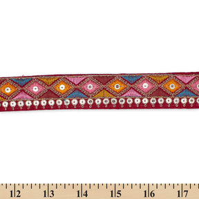1 25 Inch Diamond Geometric Sequined Metallic Corded Embroidered Trim SV581506 Burgundy A9