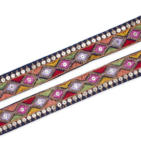 1 25 Inch Diamond Geometric Sequined Metallic Corded Embroidered Trim SV580405 Navy Blue A1