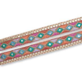 1 25 Inch Diamond Geometric Sequined Metallic Corded Embroidered Trim SV581505 Champagne A1